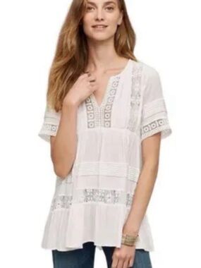 New Anthropologie Maeve White Short Sleeve V-neck Babydoll Top Size Large